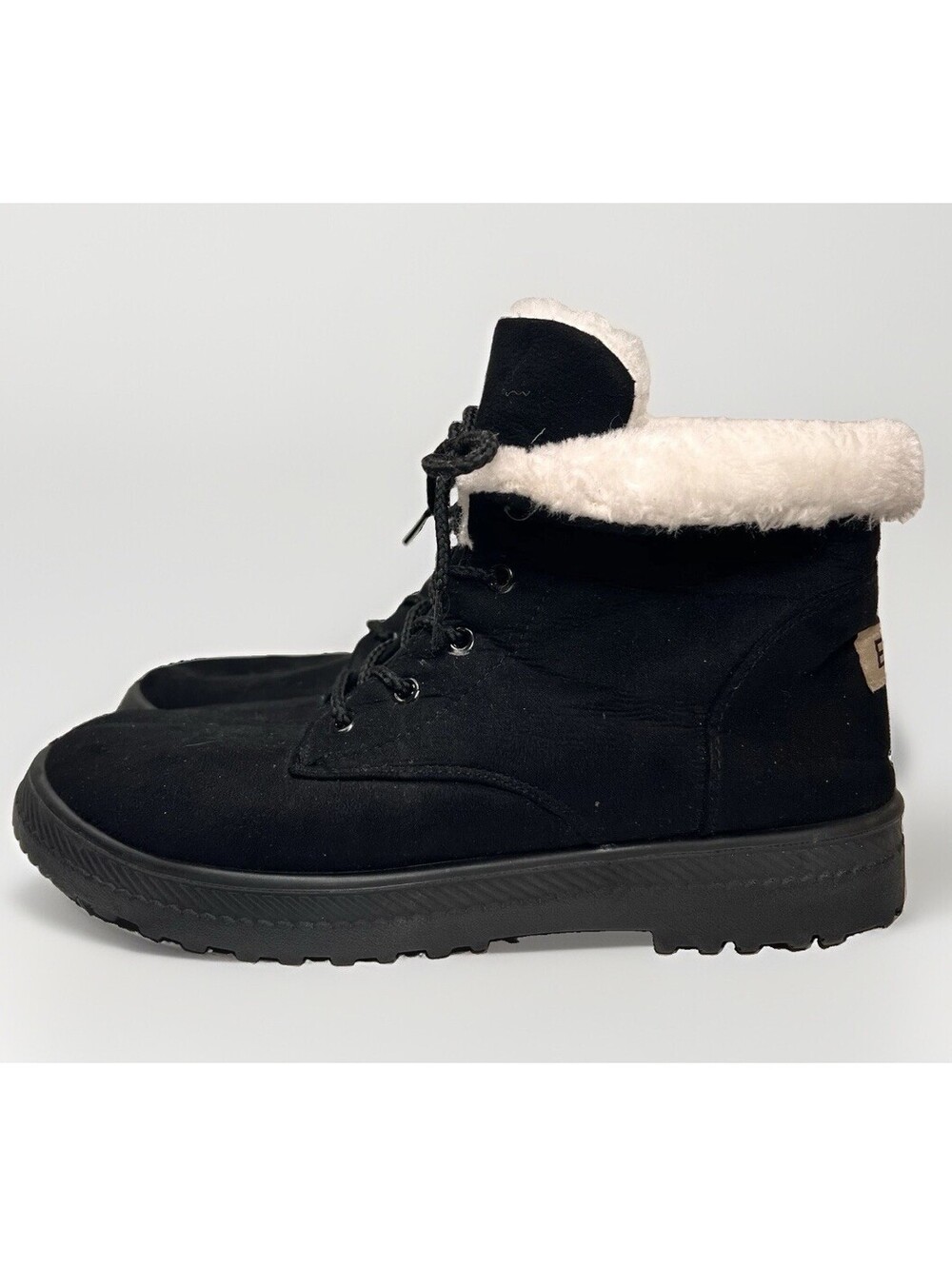E03 Women’s Winter Boots Sz 11.5 (44) Black Suede Faux-Fur Lined Lace Up Ankle